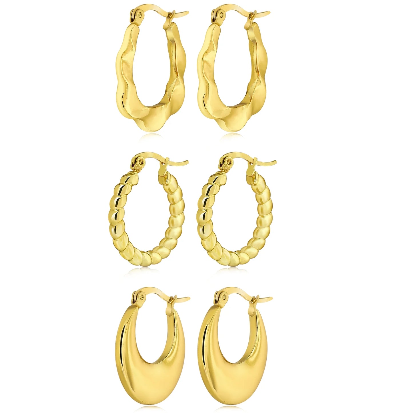 Twisted Hoop Earrings Set, Yellow Gold Plated, Hypoallergenic, 3 Pairs