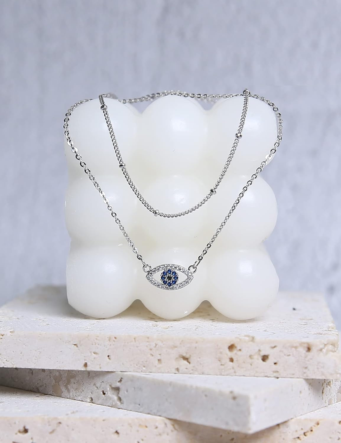 Gold Evil Eye Layered Necklaces for Women 14K Gold Plated Evil Eye Layering Necklaces Satellite Beaded Silver Choker Necklaces Dainty Fake Diamond Pendant Necklace Set 2Pcs