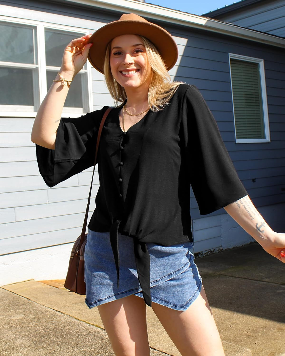 Women'S Casual V Neck Tops 3/4 Sleeve Tie Knot Blouses Solid Button down Shirts