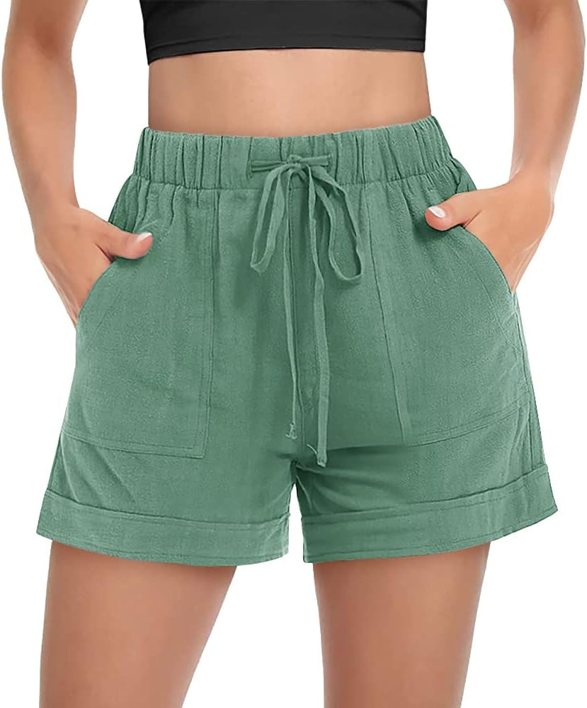 Women'S Comfy Casual Drawstring Shorts Cotton Linen Elastic Ruflle Hem Summer Shorts with Pockets
