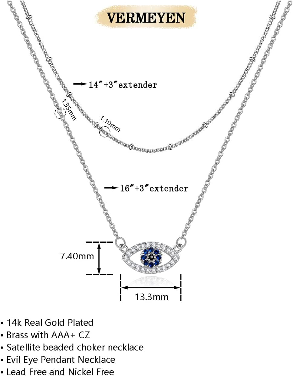 Gold Evil Eye Layered Necklaces for Women 14K Gold Plated Evil Eye Layering Necklaces Satellite Beaded Silver Choker Necklaces Dainty Fake Diamond Pendant Necklace Set 2Pcs