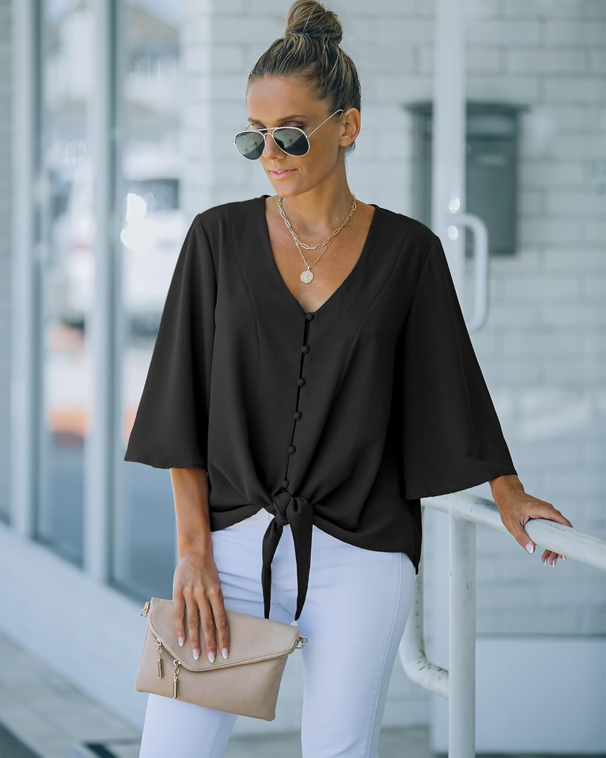 Women'S Casual V Neck Tops 3/4 Sleeve Tie Knot Blouses Solid Button down Shirts