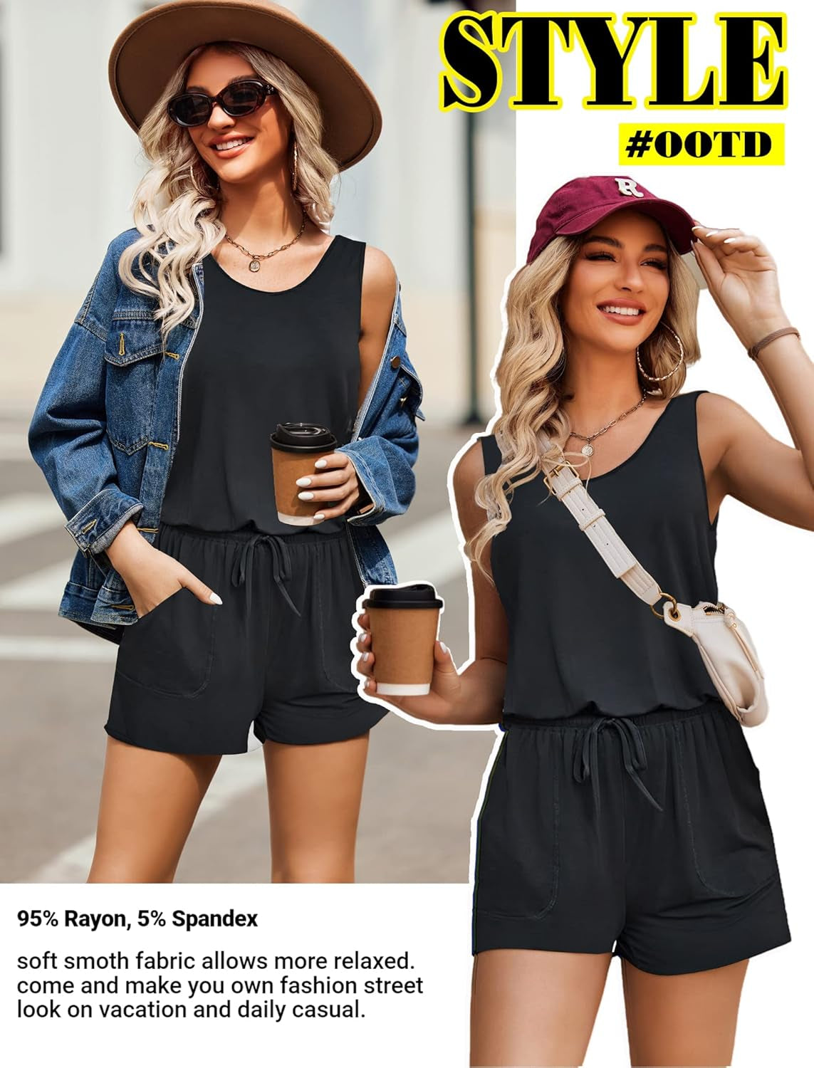 Rompers for Women Summer Sleeveless Scoop Neck Tank Top Casual Short Jumpsuit Rompers with Pockets