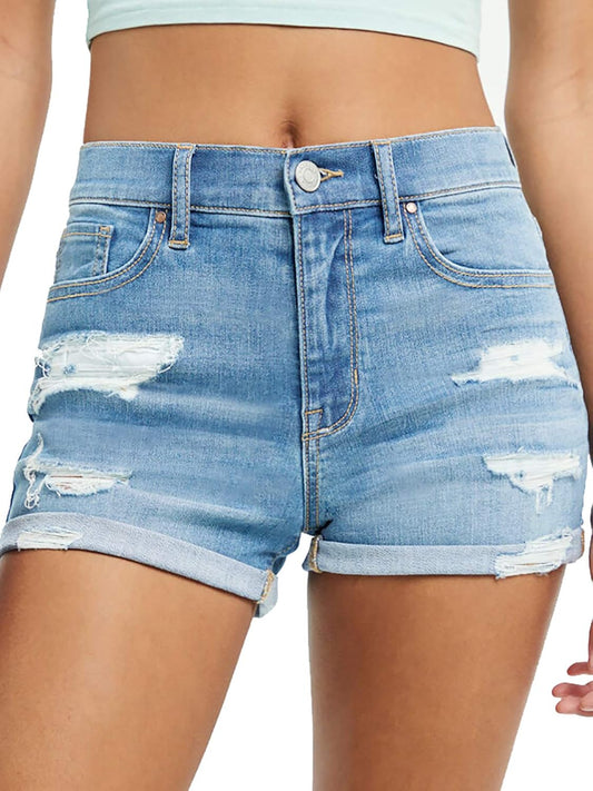 Womens Ripped Stretchy Denim Jean Shorts Juniors Mid Rise Cuffed Hem Short Jeans