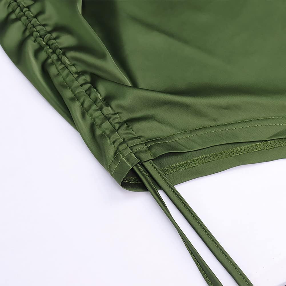 Women'S Summer Sexy Ruched Midi Adjustable Spaghetti Strap Bodycon Drawstring Side Slit Slip Party Clubwear Dress, A-Dark Green, Medium