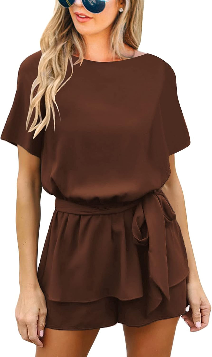 Women'S Casual Short Sleeve Belted Overlay Keyhole Back Jumpsuits Romper