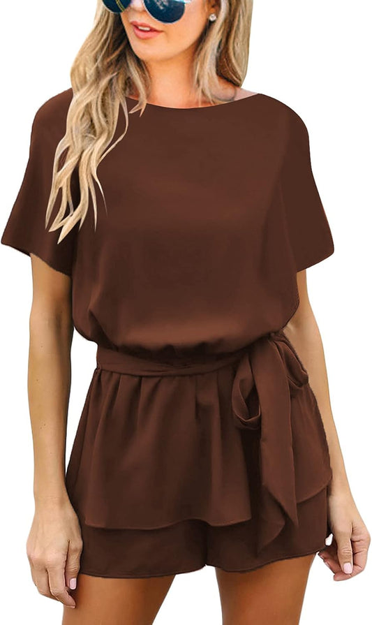 Women'S Casual Short Sleeve Belted Overlay Keyhole Back Jumpsuits Romper