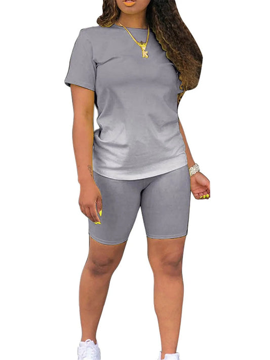 Summer 2Pcs Outfits for Women Short Sleeve T-Shirts Bodycon Pants Shorts Set Gradient Color Tracksuit Sportwear
