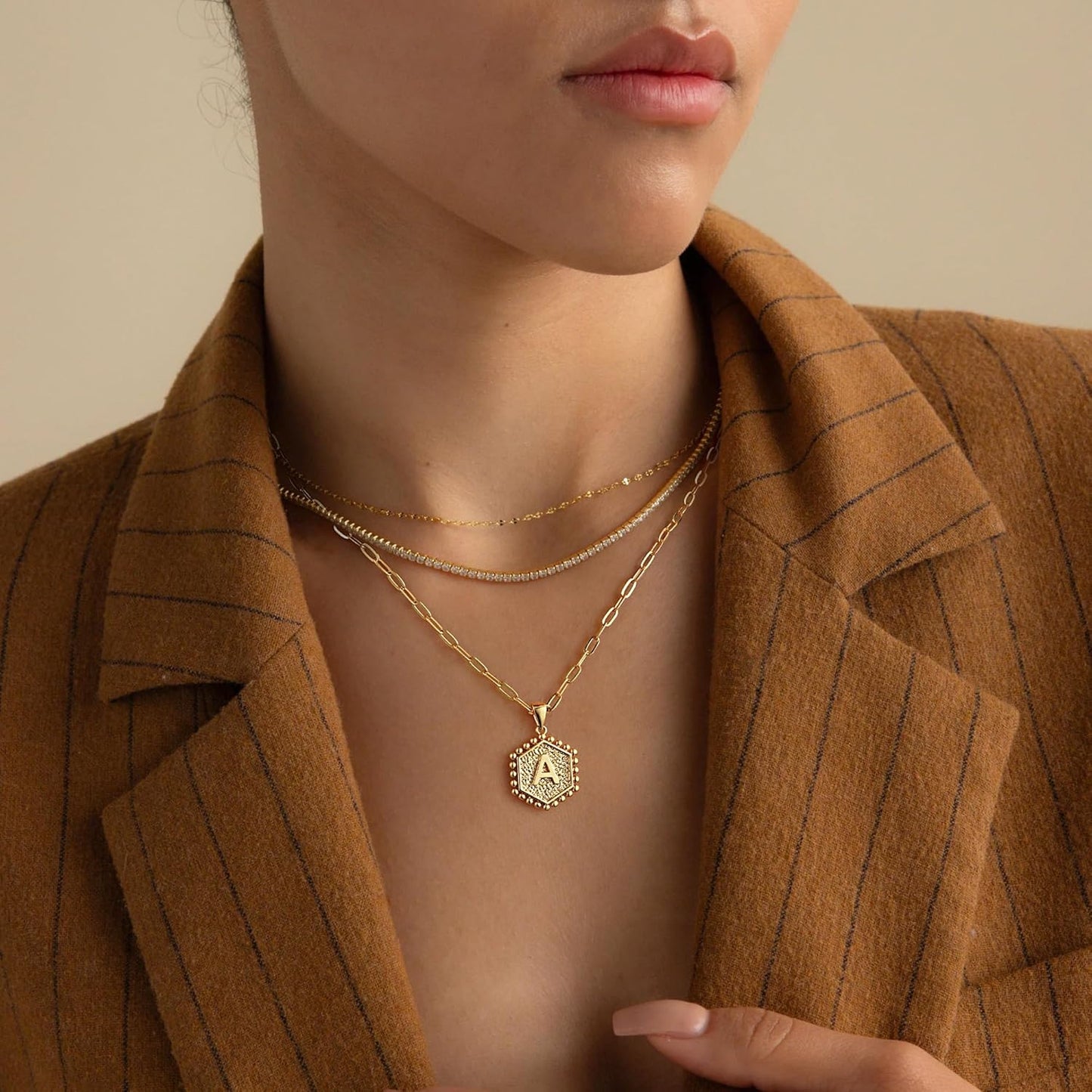 Dainty Gold Necklace for Women - 14K Solid Gold over Layering Necklaces for Women Cute Hexagon Letter Initial Necklaces for Women Gold Layered Necklaces for Women Jewelry Gifts