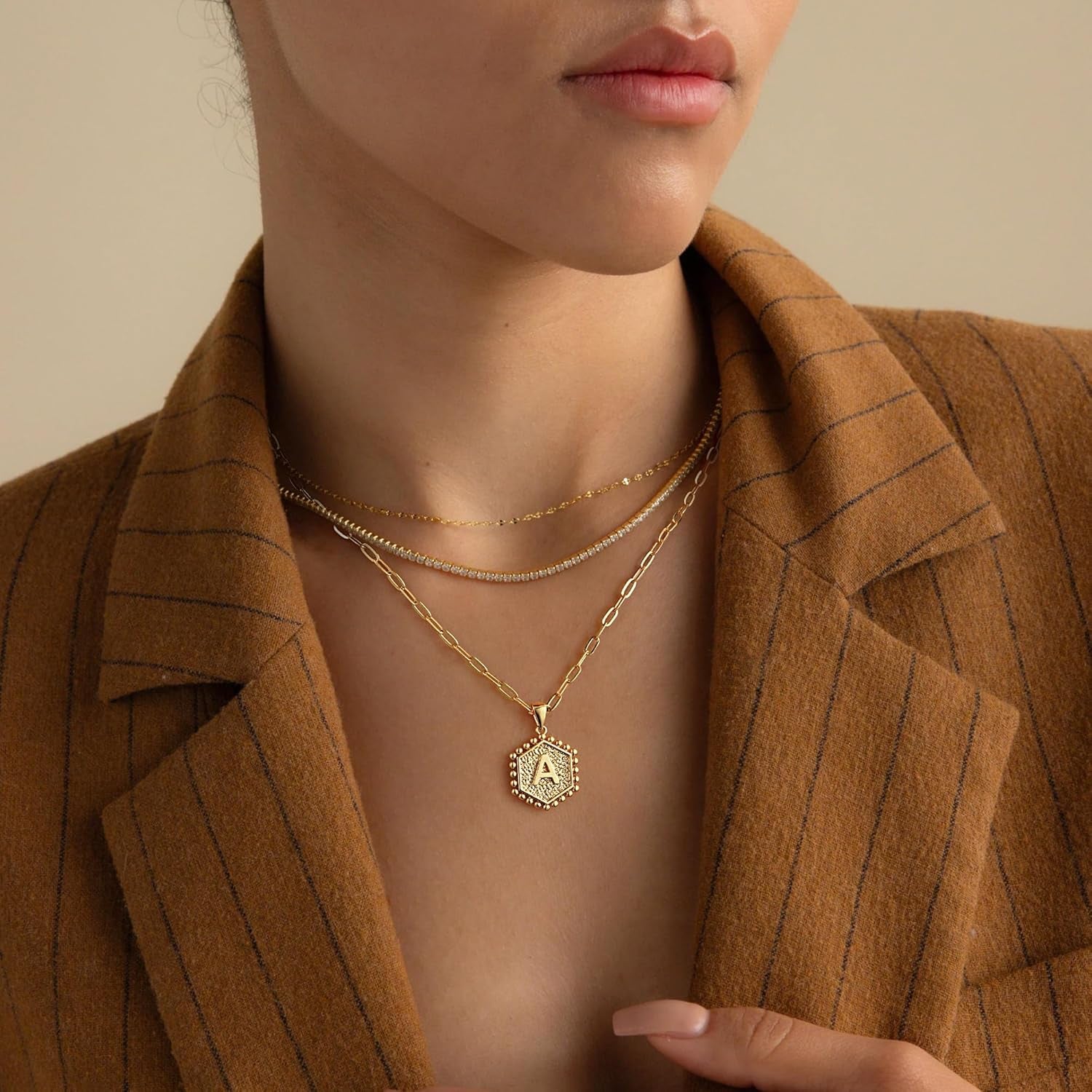 Dainty Gold Necklace for Women - 14K Solid Gold over Layering Necklaces for Women Cute Hexagon Letter Initial Necklaces for Women Gold Layered Necklaces for Women Jewelry Gifts