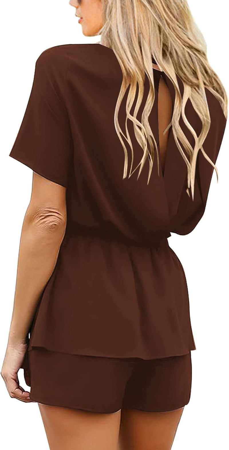 Women'S Casual Short Sleeve Belted Overlay Keyhole Back Jumpsuits Romper