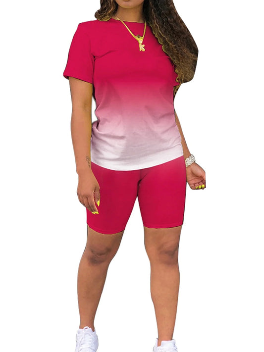 Summer 2Pcs Outfits for Women Short Sleeve T-Shirts Bodycon Pants Shorts Set Gradient Color Tracksuit Sportwear